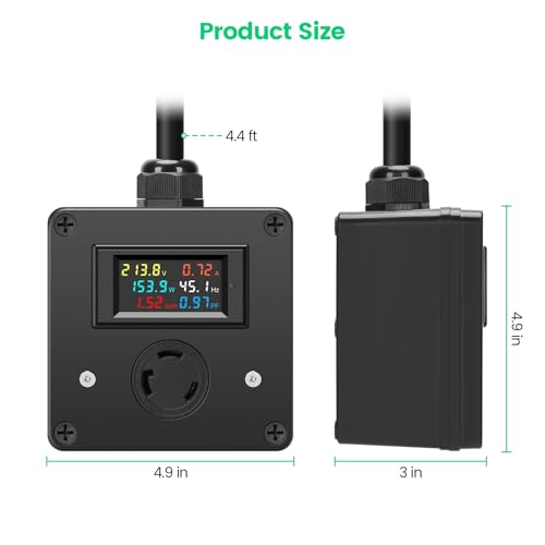 Image of AC Power Meter with Color LCD Digital Display Screen and NEMA L6-30 Plug, 120-240V 30A, Real-Time Monitoring of Voltage, Current, Power, Energy, Frequency, and Power Factor