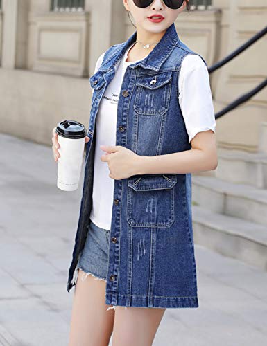 Omoone Women's Button Up Mid Long Ripped Denim Jean Vest Waistcoat(0192-Blue 02-Xxxl) #TOP3