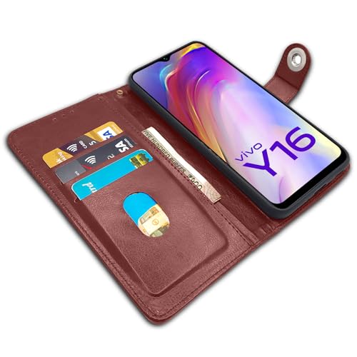 Image of Pikkme Vivo Y16 Flip Cover Leather Finish | Inside TPU with Card Pockets | Wallet Stand and Shock Proof | Complete Protection Button Flip Case (Brown)