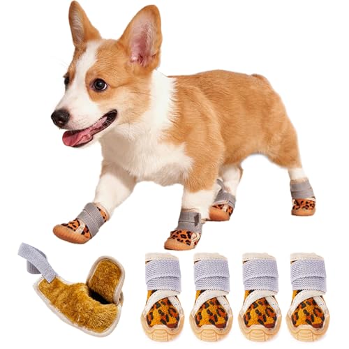 KUVEELA PET 犬用靴 冬用 犬用シューズ 雨用ブーツ レインシューズ 肉球保護 滑り止め 汚れ防止 暖かい 保暖 お出かけ お散歩 ４個セット（（冬）ブラウン 4#）