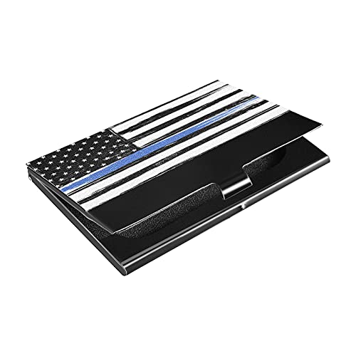 xigua USA Flag with Thin Blue Line Business Card Holder, Business Card Case PU Leather & Stainless Steel Multi Card Case,Business Card Holder Wallet Credit Card ID Case/Holder
