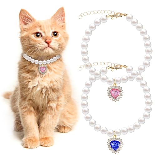 Tyqour 2PCS Pearl Cat Collar Cute Girl Cat Collar Fancy Dog Pearl Necklace Collars Adjustable Pearl Dog Cats Collars with Small Heart Shape Rhinestone for Small Dogs and Cats, Pink + Blue