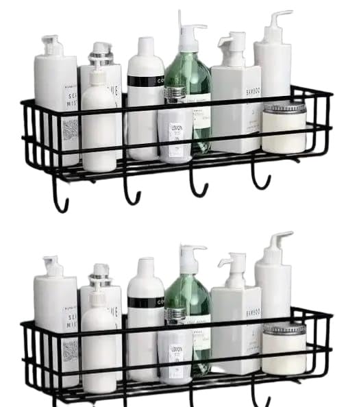 (Combo Offer) 2piC Powder Coated Self-Adhesive Shower Bathroom Shelf with Hooks, Hanging Toiletries Holder Makeup Storage Rack for Bathroom, Kitchen Spice Rack Shelf(2PIS + 4HUUK)/309_KP2990