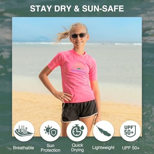 Image of Kanu Surf Girls' Karlie Rash Guard UPF 50+ Sun Protection Short Sleeve Swim Shirt