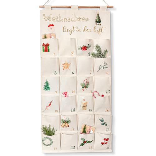 Adventskalender zum Befüllen Stoff, Weihnachtskalender zum Aufhängen Wand Tür, 2024 Wandkalender 50 x 100 cm Adventskalender Wandteppich Befüllbar mit 24 Fächern zum Basteln für Weihnachten (Beige)