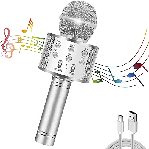 Micro Karaoke sans Fil, 4 en 1 Microphone Karaoké Enfant Bluetooth Mirco Karaoke Jouet Compatible avec Android/iOS/PC/Smartphone pour Chanter Ktv à La Maison Partie Meilleur Cadeau (Argent) Cover