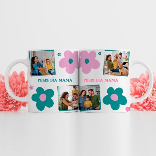 Transparent Gift Taza Personalizada con Fotos y Texto Flores. Tazas Originales para Regalar en el Día de la Madre. Regalos Personalizados con Foto. Regalos Originales para Mujer. Regalos para Madres