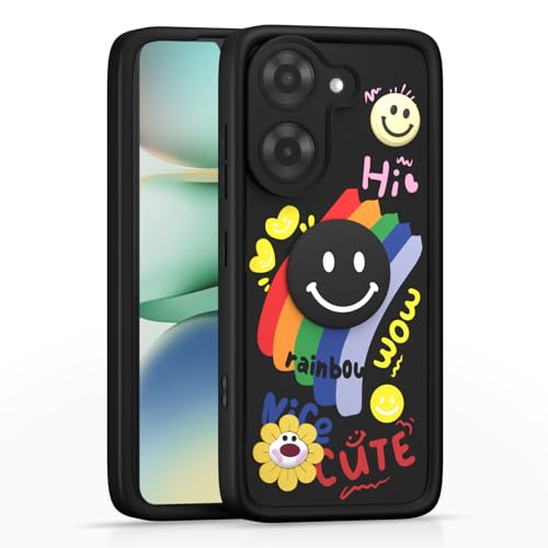 Image of Pikkme Back Cover for Poco C71 / Redmi A5 | Soft Silicone| Cute Rainbow Smile & 3D Cartoon Flower Design | Shockproof Raised Camera Protection Bumper Case (Black)