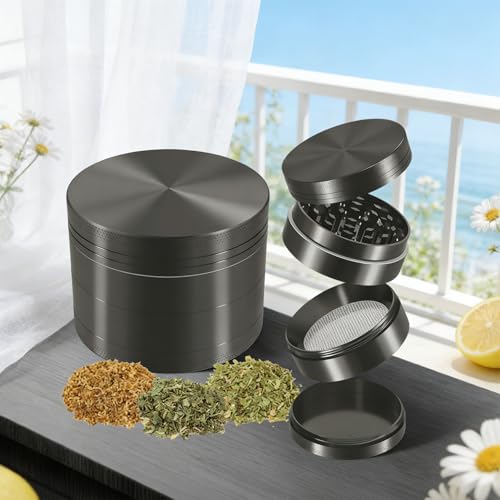 4-teilige Kräutermühle Metall Gewürzmühle mit Pollen Scraper Manueller Gewürz Crusher für Spice Klein Grinder Crusher (Dunkelgrau) Inkl Pollensieb -C1Q