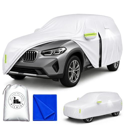 Image of Car Cover All Weather Custom Fit for BMW X3 Waterproof 10 Layers Full Cover Universal Heavy Duty Sun UV Rain Hail Protection with Driver Door Zipper Breathable Vents.