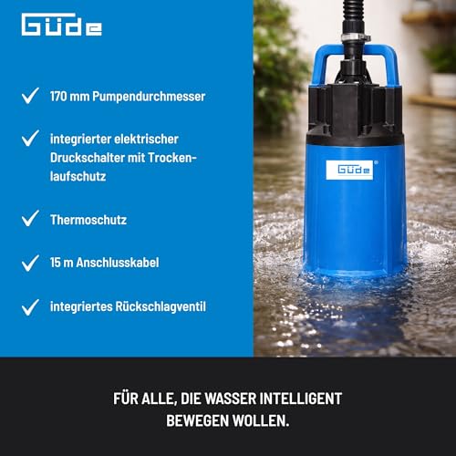 Güde Drucktauchpumpe GDT 1200 I (1200 W, Fördervolumen: 6000 l/h, max. Förderhöhe: 40 m, max. Eintauchtiefe: 12 m, 4 Noryllaufräder, Welle & Pumpenfuß aus Edelstahl, Rückschlagventil, 15m Nylon Seil)