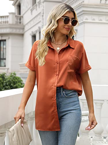 Sucolan Women's Silk Button Down Shirts V Neck Satin Blouses For Work Professional Casual Tunic Tops Orange S #TOP1