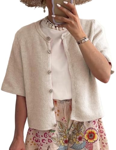 Perbai Womens Y2K Cropped Cardigan Sweater Short Sleeve Button Down Knit Crop Top Tee Shirt