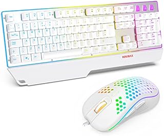 White Gaming Keyboard and Mouse Combo,Rainbow LED Backlit Keyboard with Ergonomic Detachable Wrist Rest,Aluminum Panel Keyboard 3600 DPI Gaming Mouse for Windows PC Mac Office/Gaming,UKLayout