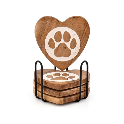 Mahasu Juego de 4 posavasos de hierro y madera de acacia con 4 patas de madera con soporte de hierro para bar, bebidas, cerveza, café (juego de 4)
