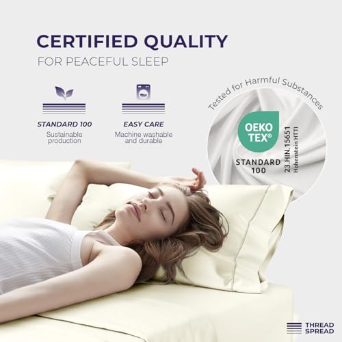 Image of THREAD SPREAD 100% Egyptian Cotton Pillow Cases Queen Size Set of 2 - Luxury 2000 Series Queen Pillow Cases (21 inch x 32 inch, Ivory), Soft Cooling Envelope Closure Hotel Quality Egyptian Cotton Pillowcases