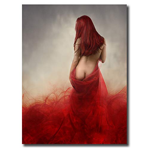 ASLKUYT Frau in rot sexy erotisch nackt HD Wandkunst Leinwand Poster Drucke Malerei Wandbilder für Moderne Wohnzimmer Home Decor Artwork-50x80cm No Frame