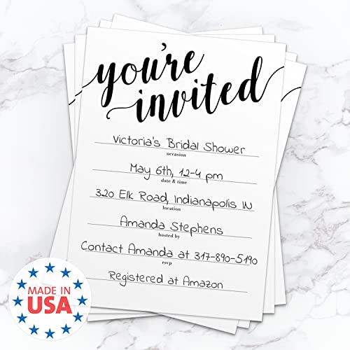 Canopy Street Black And White All Occasion Script Invitations / 25 Fill In General Use Invites / 5" X 7" Flat Modern Shower Party Or Event Invitation/Made In The Usa #TOP5