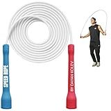 Swissskip Speed Jump Rope by Dayan Kolev, 5mm PVC Skipping Rope, Great for Beginners and Advanced Athlets, Designed for Fitness, Cardio, Boxing & CrossFit, Adjustable length with Unbreakable Handles (White/Red/Blue).