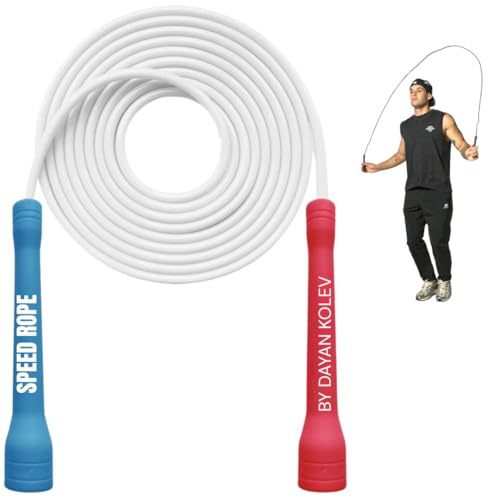 Swissskip Speed Jump Rope by Dayan Kolev, 5mm PVC Skipping Rope, Great for Beginners and Advanced Athlets, Designed for Fitness, Cardio, Boxing & CrossFit, Adjustable length with Unbreakable Handles (White/Red/Blue).