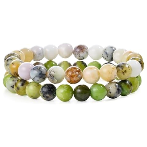 Bivei Natural Gemstone Semi Precious Crystals Handmade Stretchy Round Beads Bracelet, Enhance Positive Energy(Opal fosters & Serpentine(Growth & Prosperity) Medium) Cover