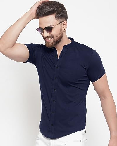 Image of EYEBOGLER Mens Cotton Blend Henley Neck Half Sleeve Solid Button Style Tshirt