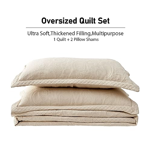 Image of Qucover Alaska King Bedspread 132x 120, Oversized King Bedspread Extra Wide, 3 Piece Soft Microfiber Lightweight Oversized King Quilts Bedding Set, Quilting Paisley Pattern, with Pillow Shams, Beige