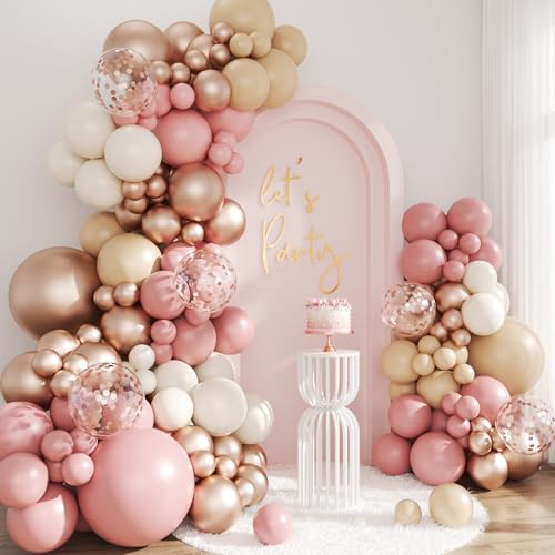 Dusty Pink Balloon Arch Kit 143Pcs Boho Blush Pink Sand White Nude Rose Gold Balloons Garland Arch Kit Confetti Balloons for Boho Birthday Bridal Shower Wedding Baby Shower Decorations