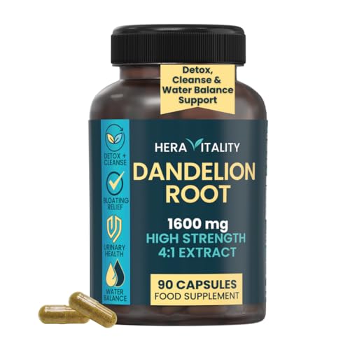 Dandelion Root Capsules 1600mg 4:1 Extract – High Strength Vegan Supplement | Detox, Cleanse & Water Balance Support | Made in UK by HERA VITALITY (90 Capsules)