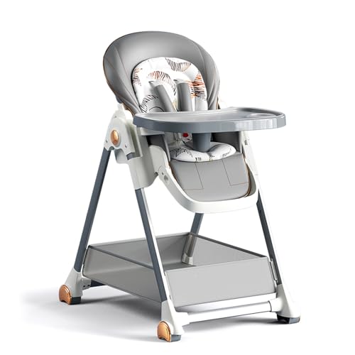 Nine point nine Pelle PU Seggiolone Pappa, Convertibile Pieghevole Seggiolones Pappa 0 36 Mesi con 6 Altezze e 3 Posizioni Reclinazione, Seggiolone Neonato con Doppi Vassoi e Ruote (808 Grey)