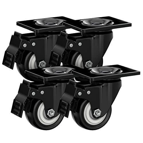 Houseables Caster Wheels 2 Inch, Casters Set of 4 Heavy Duty with Locking Brakes, 600 LB Total Capacity, Black, Metal, Swivel Plate Castors, Rubber Wheel, Castor for Furniture, Dolly, Carts