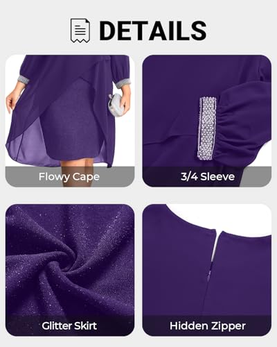 Image of Talisea Plus Size Cocktail Dress - Elegant Chiffon Cape 3 /4 Sleeves Glitter Evening Party Wedding Guest Dresses Women Formal