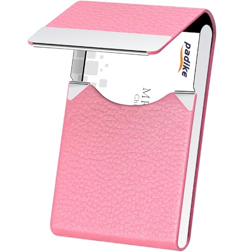 Image of Padike Professional Business Card Holder PU Leather Business Card Case Name Card Holder Slim Metal Pocket Card Holder with Magnetic Shut (Pink)