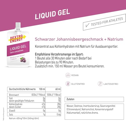 Dextro Energy Liquid Gel Blackcurrant + Natrium - 18x60 ml (18er Pack) - High Carb Energy Gel zur schnellen Kohlenhydrate Versorgung 240 mg Natrium