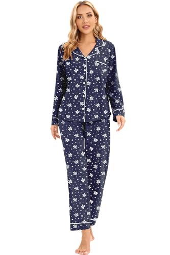 Image of LUBOT 100% Cotton Pajamas for Women Pajama Set 2 Piece PJ Sleepwear Set Soft Ladies Button Knit Long Sleeve Loungewear XS-XXL