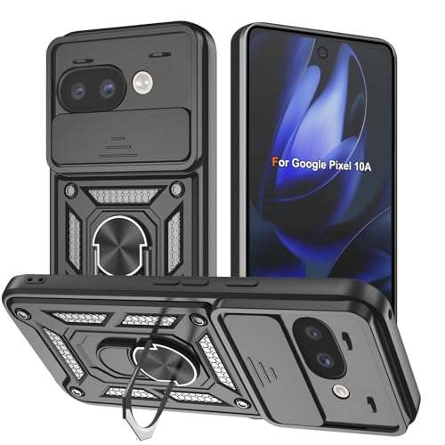 Image of Shockproof Back Case Cover for Google Pixel 10A 5G, Shockproof Google Pixel 10A Back Cover, Ring Case with Kickstand and Camera Protection Shutter - Black