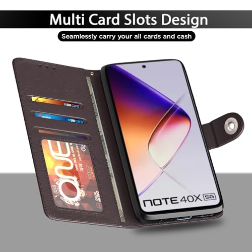 Image of Pikkme Flip Cover Leather Finish | Inside TPU with Card Pockets | Wallet Stand and Shock Proof | Complete Protection Button Flip Case for Infinix Note 40X 5G(Coffee)