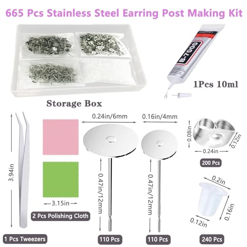 N NOROCME 665Pcs Earring Posts with Jewelry Glue Tweezers,Stainless Steel Jewelry Making Hypoallergenic Earring Posts and Backs,Stud Earrings with Butterfly Rubber Earring Backs DIY Making Findings