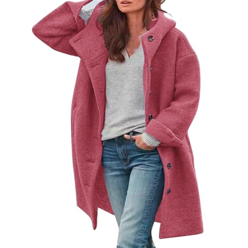 Gabardina para mujer, abrigo de longitud media con botones y bolsillos, ajuste holgado de gran tamaño, ropa de abrigo de color sólido para oficina y uso diario, A-rosa intenso, 3XL