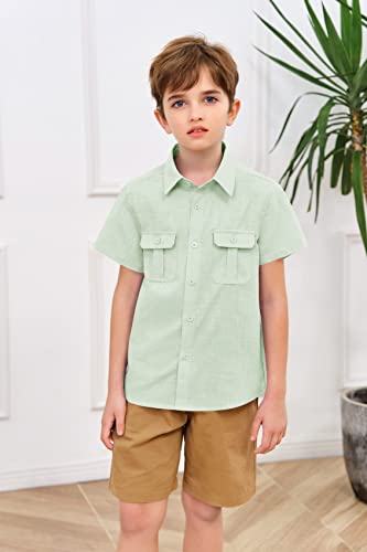 Makkrom Boys Button Down Short Sleeve Linen Shirts Casual Summer Beach Lapel Collar Top Shirts3