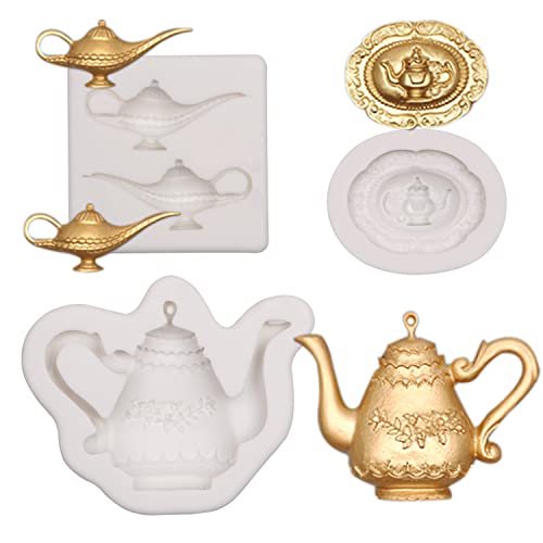 Aladdin Lamp Silicone Molds for Aladdin Myth Theme Party, Tea Party Teapot with Filigree Relief Chocolate Molds for Cake Decoration Candy Fondant Cookie Dessert Jelly Pudding Soap Ice Cube Clay Resin