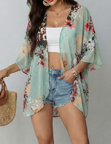 Chunoy Women Casual Spring Summer Lightweight Cardigan Blouse Top Chiffon Kimono Cover Up Green X-Large