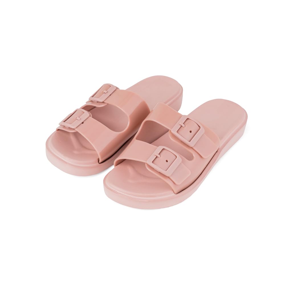 Indifeet Flat Buckle Sliders For Women Stylish Footwear Belt Sandals Womens Comfortable Beach Open Toe Foot Wear New Latest Girls Rubber Flats Double Strap Slides Slippers Rainy Sandal For Ladies Pink (B0DHVGN4M2) Amazon Price History, Amazon Price Tracker