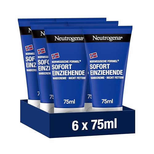 Neutrogena Sofort einziehende Handcreme (6 x 75ml), leichte und nicht fettende Feuchtigkeitscreme mit Glycerin plus Vitamin E bei trockenen, rissigen Händen, Sparset