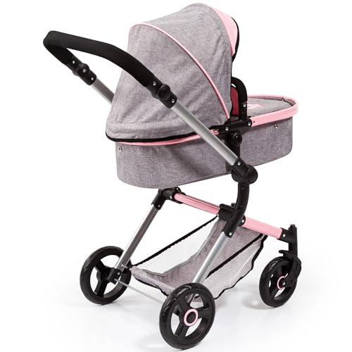 Bayer: Versatile Pram City Vario Stroller - Gray & Pink Butterfly for Dolls Up To 20" with Adjustable Handle and Reversible Functionality, Kids 3+