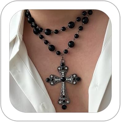 Gothic Cross Necklace for Women Exaggerate Big Pearl Beaded Cross Statement Necklaces Sparkling Crystal Choker Punk Chunky Statement Jewelry