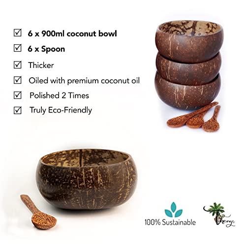 Image of Thenga Jumbo 900 ML Coconut Bowls with Wooden Spoon Sets | Eco-Friendly, Handmade & Durable | Large Natural Coconut Shell Bowls for Smoothies, Salads, Snacks, Desserts & More | Set of 6