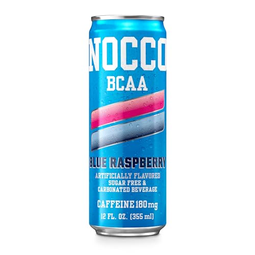 Image of NOCCO Zero Sugar Energy Drink, Blue Raspberry - 12 Fl Oz (Pack of 12) - 180mg Caffeine, Sugar Free, BCAAs - Branched Chain Amino Acids, Carbonated & Low Cal, B Vitamins, Grab & Go Performance Beverage