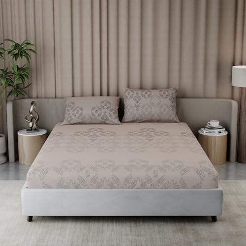 Image of BLISSHOME Everlast 150TC King Size Fitted Bedsheet with 2 Pillow Covers, Aesthetic Bedding, Wrinkle Resistant, 100+ Wash Durable, Quick Dry, Elegant Ornate Pattern - Champagne (183cm x198cm+25cm Drop)