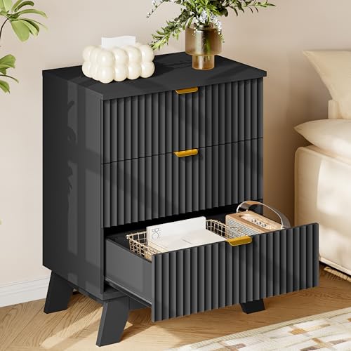Image of BORNOON 30.5 inch Nightstand with Charging Station, 3-Drawer Fluted Bedroom Chest, Wood Bedside Dresser with Power Outlets and USB Ports, Metal Slides, Stable Base, Modern Storage Cabinet for Small Spaces